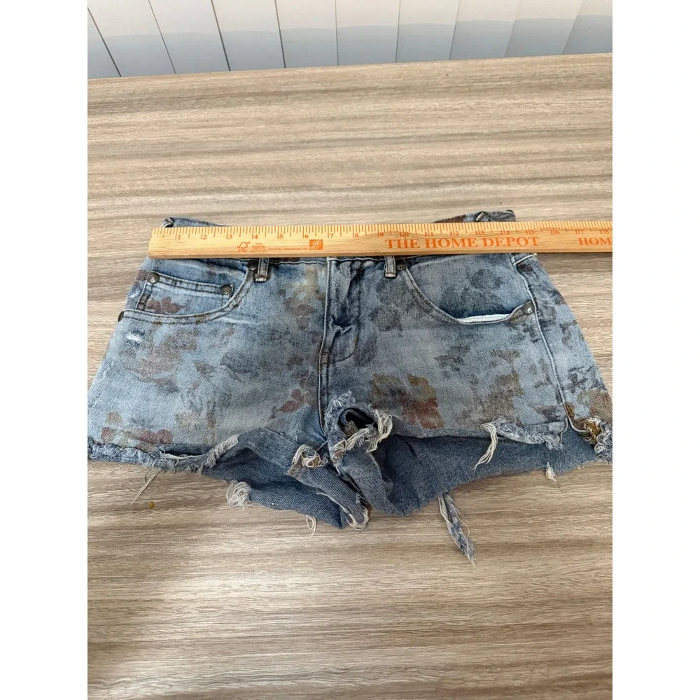 Free People Women Denim Shorts 27 Blue Floral Distressed Cut Off Boho Festival